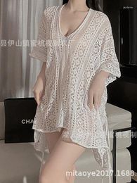 Casual Dresses Lingerie Lazy Style Knitted Perspective Short Dress Sexy Hollow Out Summer Beach Vacation Sun Protection Shirt Leisure UU3J