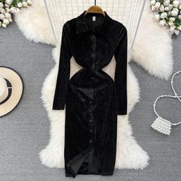 Casual Dresses Foamlina Women Elegant Bright Silk Velvet Dress Autumn Winter Turn-down Collar Long Sleeve Single Breasted Midi Bodycon