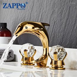 Bathroom Sink Faucets ZAPPO Dolphin Shaped Faucet Daimond Handles Gold Waterfall Basin Mixer Bathtub And Cold Water Tap