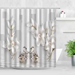 Shower Curtains 3D Relief White Flowers Swan Pearl Diamond Water Design Bathtub Screen Waterproof Bath Bathroom Decor