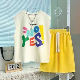 Clothing Sets Boys Summer Casual Sleeveless O-Neck Tank Top T-shirt+Pant Set 5-14 Year Old Childrens Breathable 2-piece Sports Set Childrens Clothing d240514