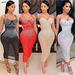 Casual Dresses PULABO Elegant Sheer Mesh Diamonds Patchwork Long Sleeve Dress Sexy See Through Party Club Women Outfit Vestidos Fe