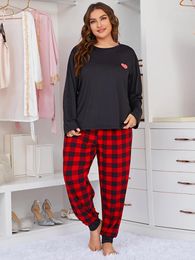 Home Clothing Plus Size XL-5XL Women's Fall Pyjama Set Long Sleeve T-Shirt And Cheque Pants Sleepwear Plaid Causal Homewear Cloth 2 Pieces