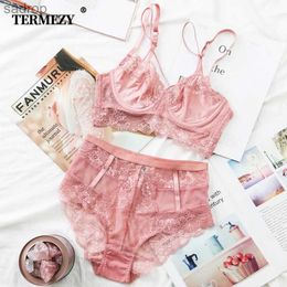 Bras Sets TERMEZY Classic Bandage Pink Bra Set Upward Push Bra Lace Underwear Set Sexy High Waist Underwear XW