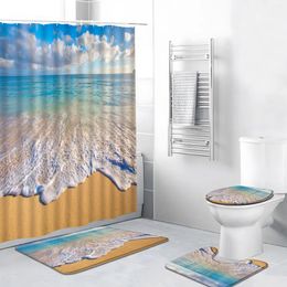 Shower Curtains 4pcs/Set Seaside Scenic Curtain Sea Beach Sunset Ocean Waves Nature Scenery Bathroom Decor Bath Mat Rug Toilet Cover