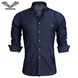 Men's Dress Shirts VISADA JAUNA Europe Size Mens Denim Shirt Fashion Camisa Social Masculina Pocket Slim Fit Cotton Male Long Slve Shirts N1089 Y240514