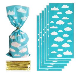 Gift Wrap 50Pcs Clouds Printed Blue Bags Plastic Candy Cookie Packing Treat Bag For Guest Birthday Baby Shower