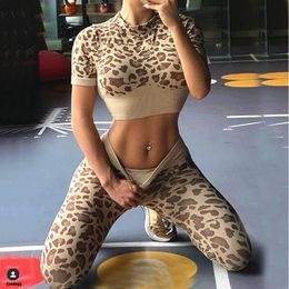 Women Fashion Sexy Leopard Printed 2 PCS Yoga Set Gym Shockproof Sports Bras Sport Leggings Running Work Out Training Suit 240514
