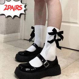 Women Socks 2pairs Korean Versatile Jk Black Bow White Japanese Stocking Cute Kawaii Harajuku Sweet Lolita Female Short Crew Stockings