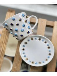 Cups Saucers Evil Eye Beaded Handle Mug Cup And Saucer With Blue White