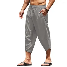 Men's Pants Spring Summer Men Elegant Solid Drawstring Pocket Cotton Linen Calf-Length Harem Pant Casual Loose Male Trousers