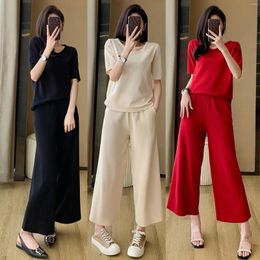 Party Dresses 2024 Summer Five-quarter Sleeve Knitted Wide-leg Pants For Women Simple And Comfortable Dress