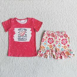 Clothing Sets Summer Fashion Baby Girls Red Chicken Short Sleeved Small Flower Shorts Set Wholesale Boutique Children Clothes