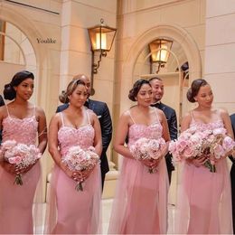 2024 Bridesmaid Dresses Spaghetti Straps Pink Mermaid For Weddings Plus Size Long Lace Appliques Beads Formal Maid Of Honour Gowns Wedding Guest Wear 0514