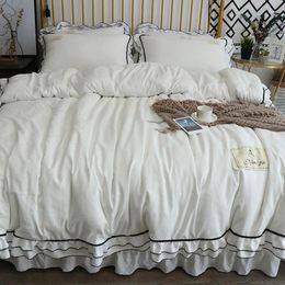 Bedding Sets Double Ruffles Set Black Ball Flat Sheet Pillowcase&duvet Bed Korean Washed Cover White Freshness Cotton Linens