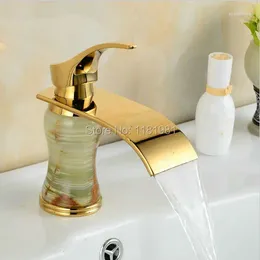 Bathroom Sink Faucets Gold Plated Luxury Single Hole Green Body Made In Natural Jades Waterfall Basin 1012