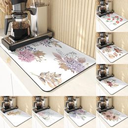 Table Mats Simple Flower Leaf Drain Mat Kitchen Countertop Pumpkin Harvest Absorbent Non-Slip Thanksgiving Forest Tables Washable
