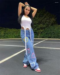 Women's Jeans Blue Ladies Multi-Pocket -Shaped Colour Printing Denim Straight Leg Pants In Stock