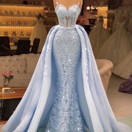 Sky Blue Mermaid Evening Dresses with Detachable Train Lace Sequin Prom Gowns Ladies Sexy vestido de novia Formal Party Wear 284Q