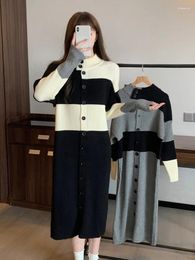 Casual Dresses Autumn Winter Knitted Contrast Color Dress French Long Sleeve Single Breasted Sweater Elegant Women Bottoming