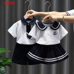 Clothing Sets 2-10Y Brothers sisters Summer Navy Collar Boys and Girls Clothing Set Short Sleeve Girls Prep Dress Family Matching Clothing d240514