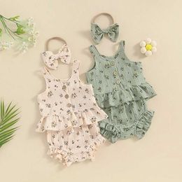 Clothing Sets 0-24months Baby Girl Summer Clothes Set Floral Print Tank Tops Frill Trim Shorts + Headband Toddler Girls 3Piece Outfits