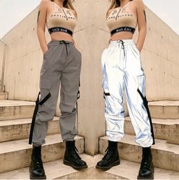 Vår- och sommaren New Women's Fashion High-midjig reflekterande Rem Utility Casual Pants Street Style byxor AST8955