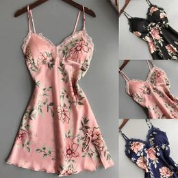 Women's Sleepwear Floral Satin Silk Night Dress Women Sexy Bras V-Neck Gecelik Linger Lace Print Nightgowns Nightdress