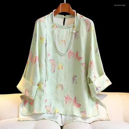 Ethnic Clothing Green Chinese Style O-Neck Vintage Silk Blouse Women's Fashion One Button Tassel Three Quarter Sleeve Top Summer S-XXL