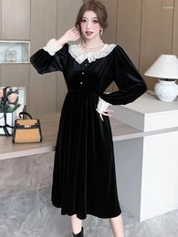 Casual Dresses Korean Elegant Chic Women Promotion Autumn Winter Black Velvet Ruffled Collar Vestidos 2024 Vintage Bodycon Night Dress