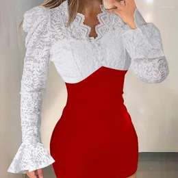 Casual Dresses Autumn And Winter Women's 2024 Fashion Lace Color Collision Splicing Flared Sleeve Tight Dress Temperament Short