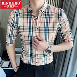 BINHIIRO Mens Seven Dot Shirt High Quality Retro Plain Collar Shirt Summer Lightweight Ironless Ultra Thin Top 240511