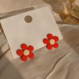 Stud Earrings 2024 Korean Fashion Sweet Cute Vintage Red Resin Flower Floret For Woman Girls Aesthetic Trip Jewelry Party Gifts