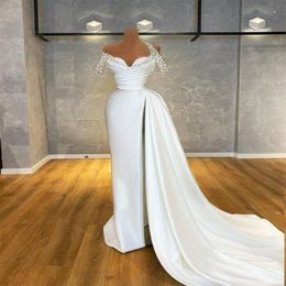 Luxury Pearls Mermaid Prom Party Dresses 2021 Spaghetti Straps Front Split White Satin Plus Size Formal Evening Occasion Robe De Soiree 250d