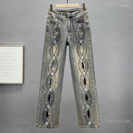 Women's Jeans Heavy Drilling Denim Straight-Leg Pants Thin 2024 Summer High Waist European Style Hollow Mop Trousers