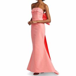 Elegant Long Strapless Pink Evening Dresses With Bow Mermaid Taffeta Pleated Watteau Train Zipper Back Prom Dresses Pleated for Women