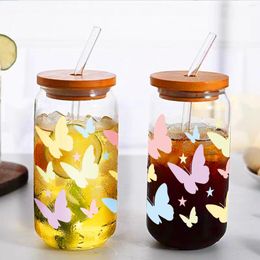 Wine Glasses 16oz Colourful Pattern Sublimation Glass Can With Bamboo Lids&Straw Coffee Cup Summer Winter Drinkware Transparent Bottle