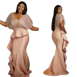 2021 Plus Size African Mermaid Prom Dresses V Neck Ruffles Peplum Short Sleeve Formal Evening Gowns Women Trumpet Special Party Dress 295k