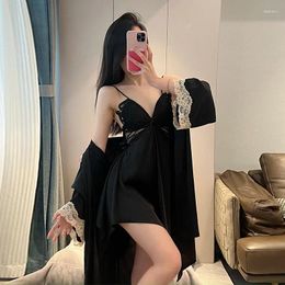 Home Clothing Two Piece Rayon Robe Suit Women Nightgown Sleepwear Kimono Gown Set Autumn Femme Lace Nightwear Bathrobe Lingerie