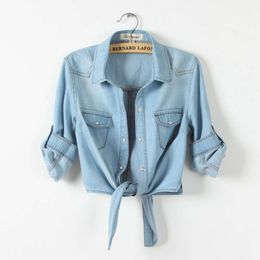 Tie Knot Middle Sleeve Small Shawl Denim Shirt Womens Korean Version Womens Short Coat Thindesigner Denim JAAKTRENDY COERTFASHABLE Women's Clothing Zuia