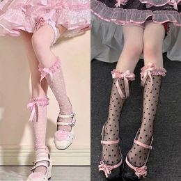 Women Socks Kawaii Lolita Bowknot Calf Sexy Little Pink Dot Print Crystal Stockings JK Girl Personality Knee-Length Long