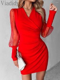 Casual Dresses Women Sexy V Neck Sheer Mesh Ruched Lantern Sleeve Beaded Party Dress