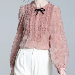 Women's Blouses EVNISI Woman Elegant Flocking Pink Blouse Spring Casual True Velvet Polka Dot Shirt Long Sleeved Office Loose Tops 2024