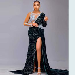 Green Sequins Sparkly Long Sleeve Prom Dress Slit Sexy African Formal Evening Party Gowns Wear Robe De Soiree 282U