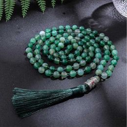 Beaded Necklaces 8mm green striped agate Japamala knot necklace 108 Mala beads meditation yoga blessing jewelry set Xizang pendant d240514