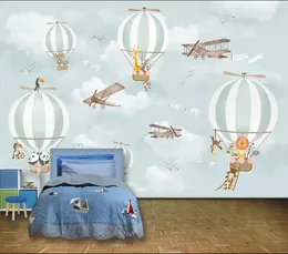 Wallpapers Bacal Large 3D Wallpaper Mural Cartoon Air Balloon Aeroplane Animal Blue Children Room Background Wall For Walls