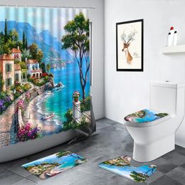 Shower Curtains Seaside Town Ocean Scenery Set Bathroom Carpet Oil Painting Landscape Decor Non-slip Rugs Bath Mats Toilet Cover