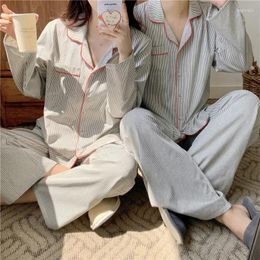 Home Clothing Autumn Winter Contracted Stripe Couples Pajamas Lapel Button Cardigan Long Sleeve Pants Loose Sleepwear Loungewear 2 Sets D756