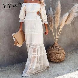 Casual Dresses Women White Fall Autumn Lace Hollow Blackless Sexy Dress Party Off Shoulder Full Sleeve Prom Gowns Slim Ladies Vestidos