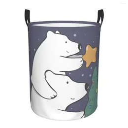 Laundry Bags Folding Basket Cartoon Polar Bear Mom And Baby Round Storage Bin Large Hamper Collapsible Clothes Toy Bucket Organiser